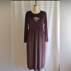 Vintage 90s Velveteen Babydoll Midi Dress Brown Embroidered Fairy Grunge Large